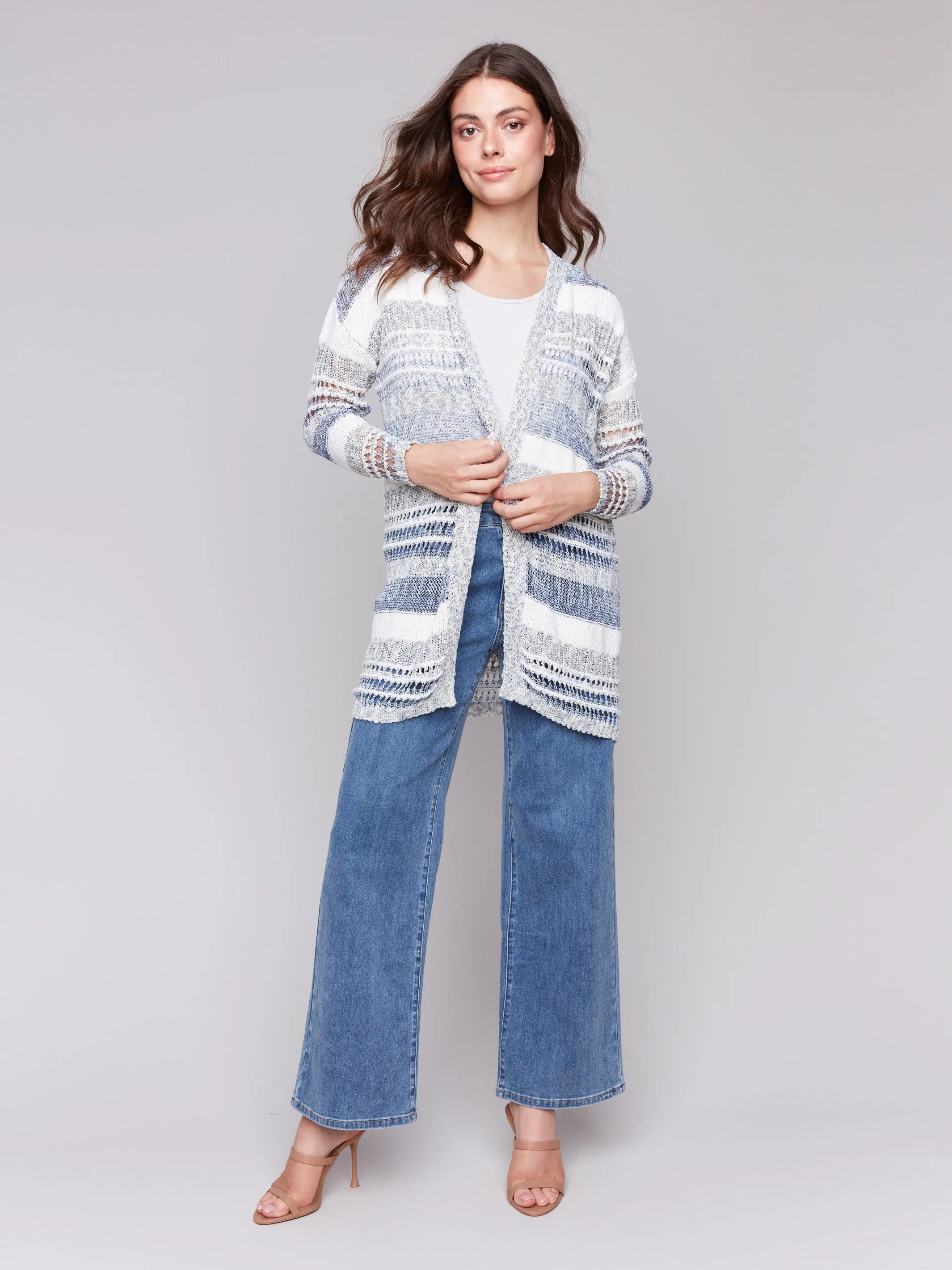 Knee-Length Striped Cardigan - Denim