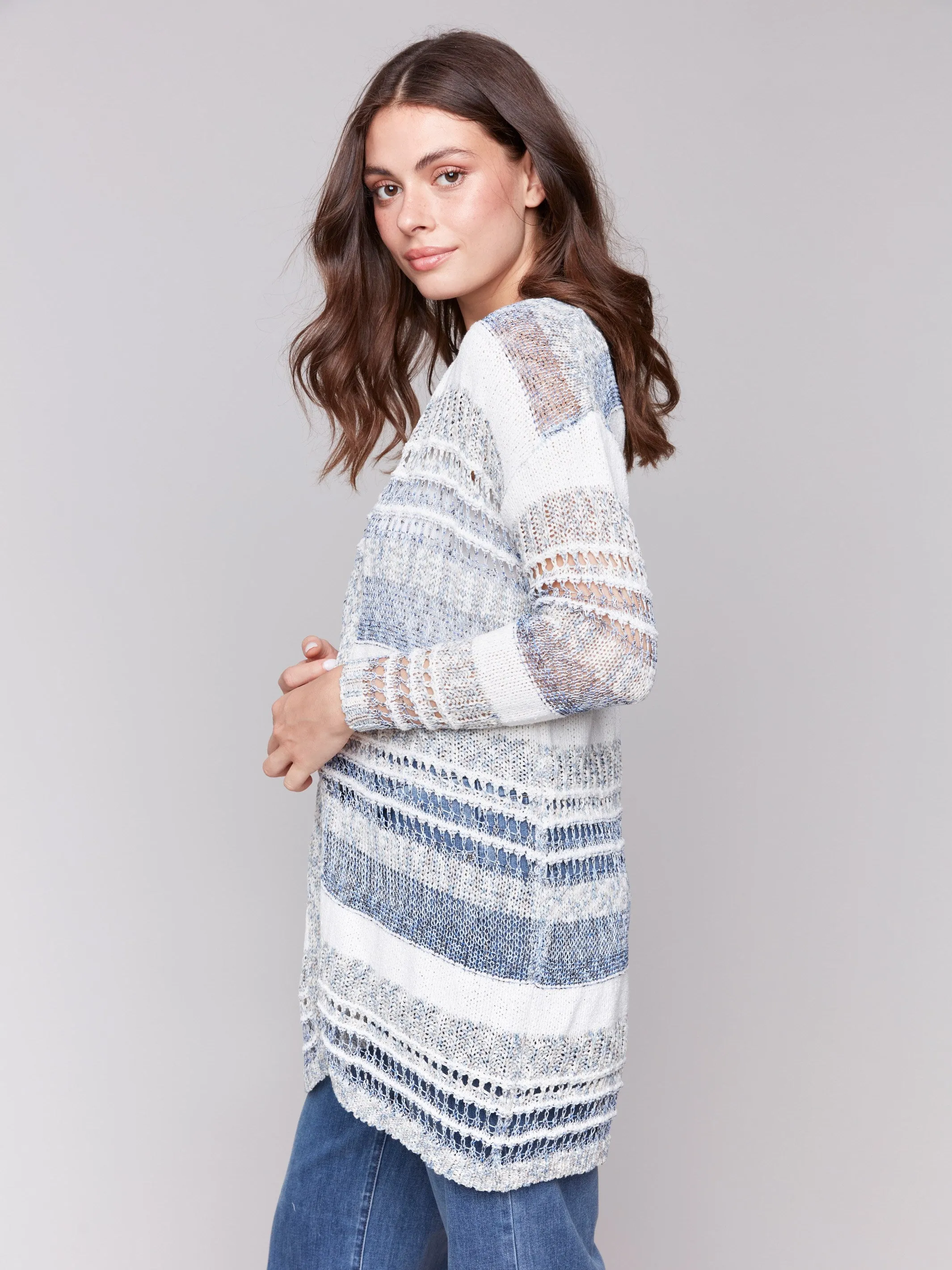 Knee-Length Striped Cardigan - Denim