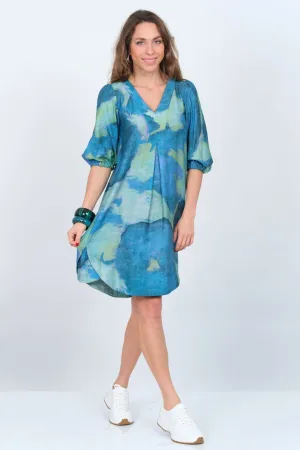LIOR Women's Blue Knee Length Dress With Scallop Neck & Puff Sleeves Side Pockets - "Cass"