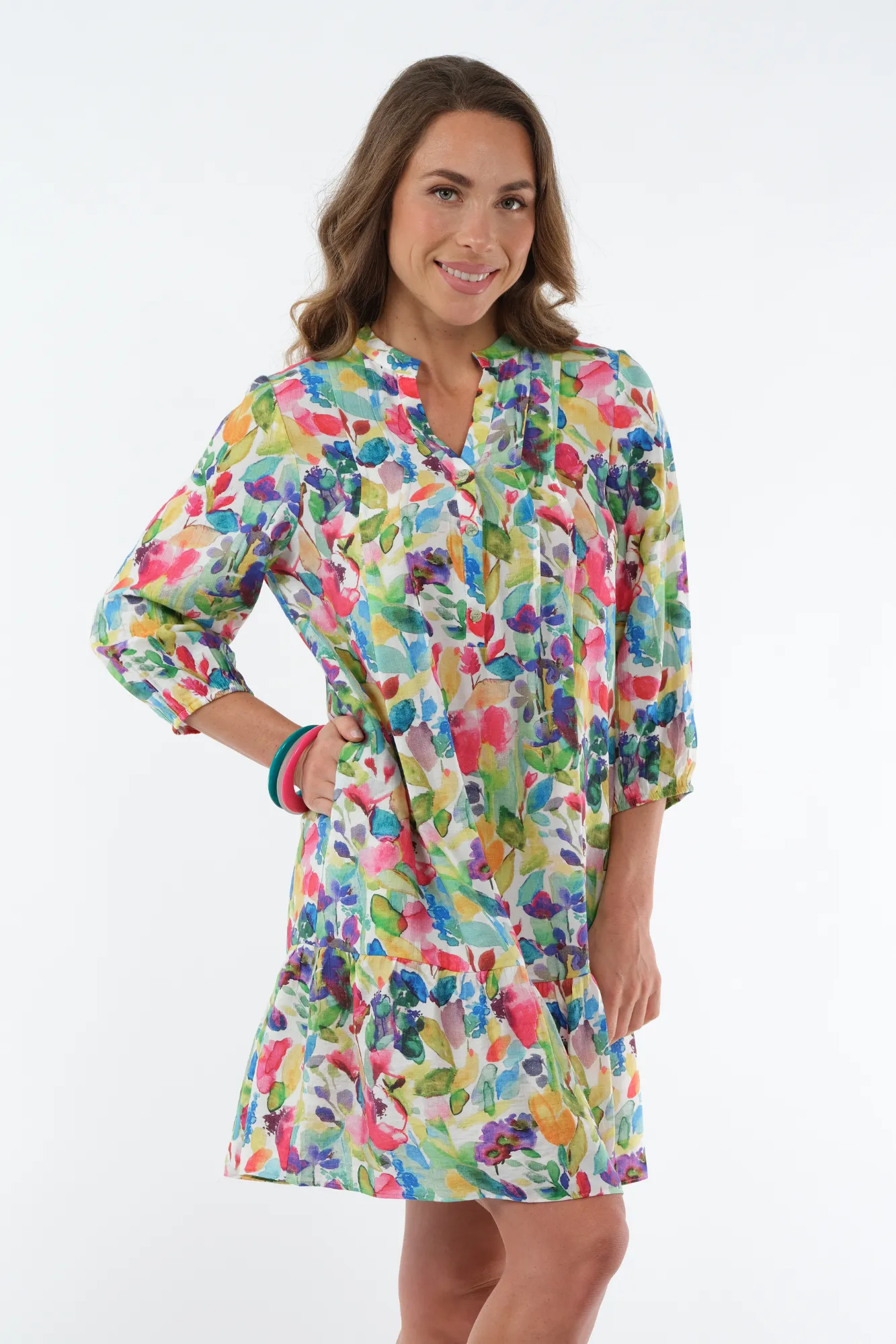 LIOR Women's Bright Multi Floral Knee Length Dress With 3/4 Sleeves - "Vita"