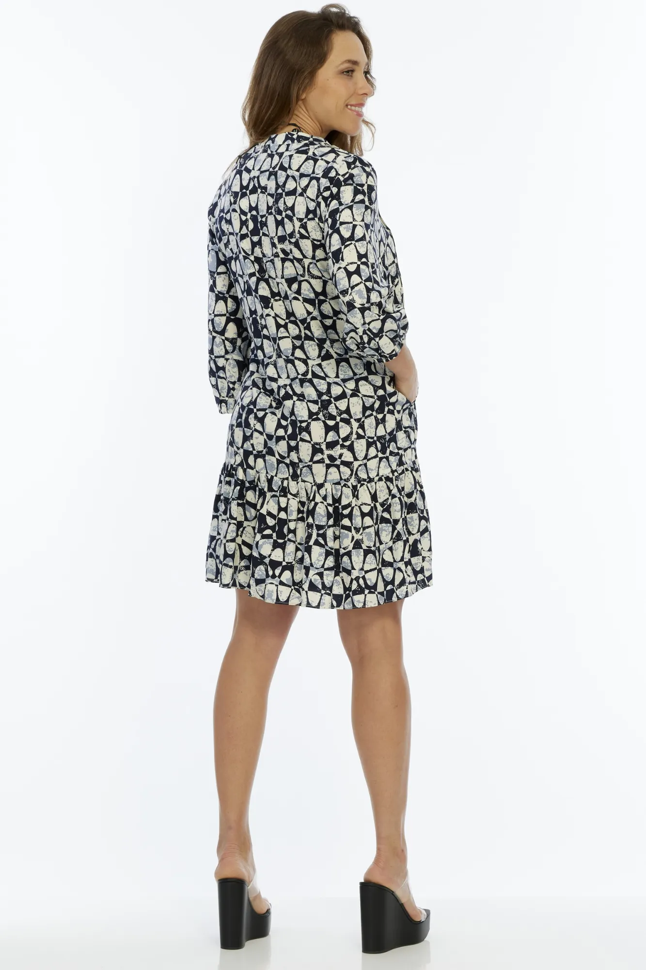 LIOR Women's White & Navy  Knee Length Dress With 3/4 Sleeves - "Vita"