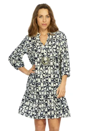 LIOR Women's White & Navy  Knee Length Dress With 3/4 Sleeves - "Vita"