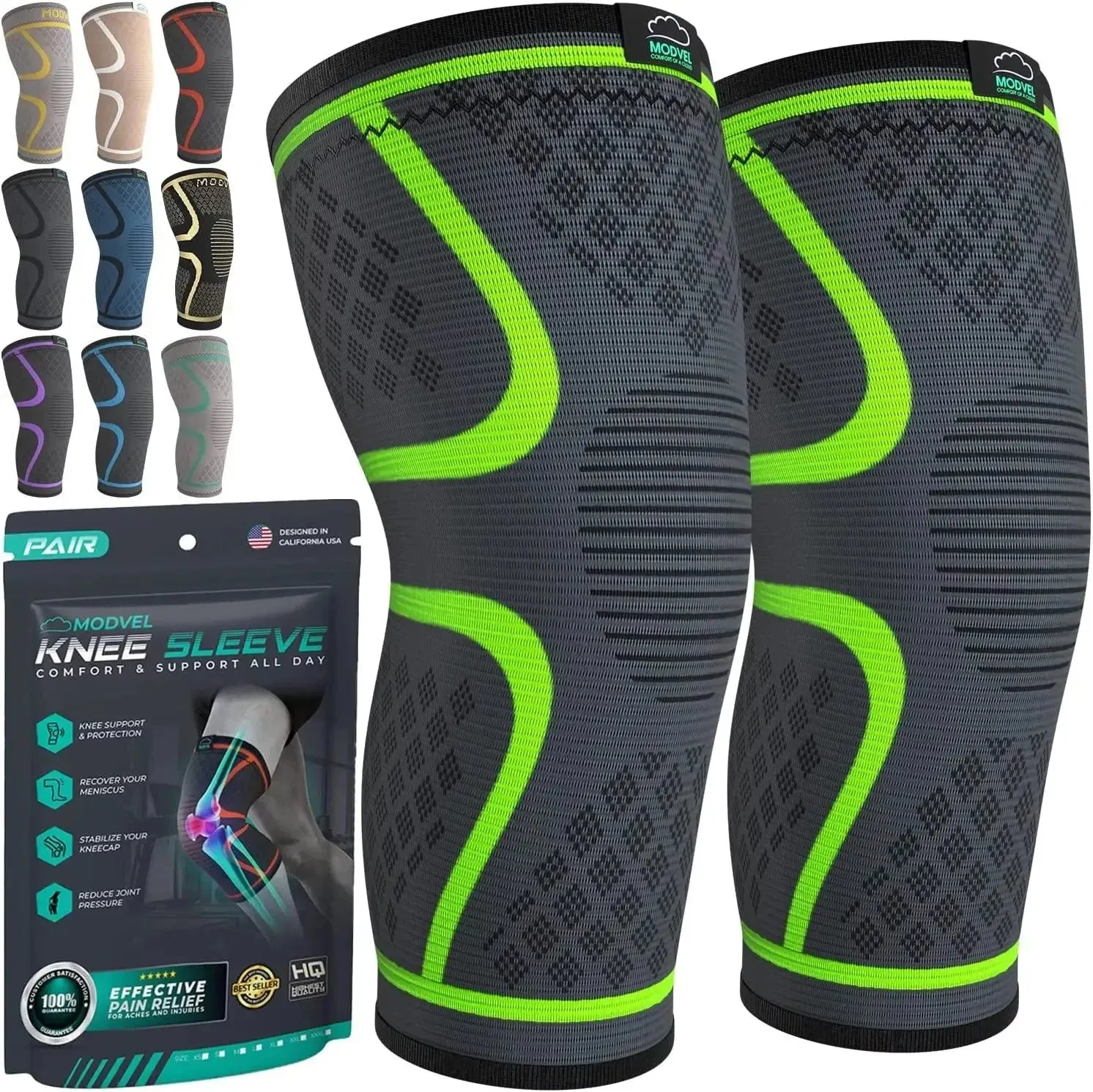 Modvel Knee Brace - Knee Sleeves (Pair) for Knee Pain Relief, Joint Stability and Recovery