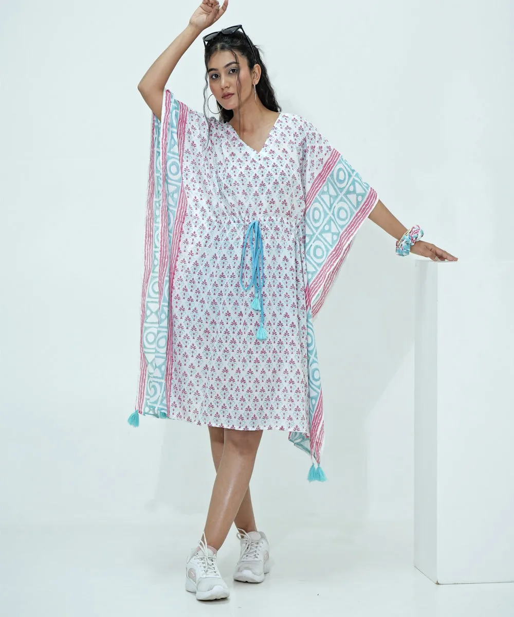 White blue handblock printed modal kaftan
