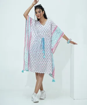 White blue handblock printed modal kaftan