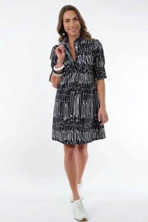Women's Black & White Scribble Ruffle Neck Dress Knee Length - "Dai"