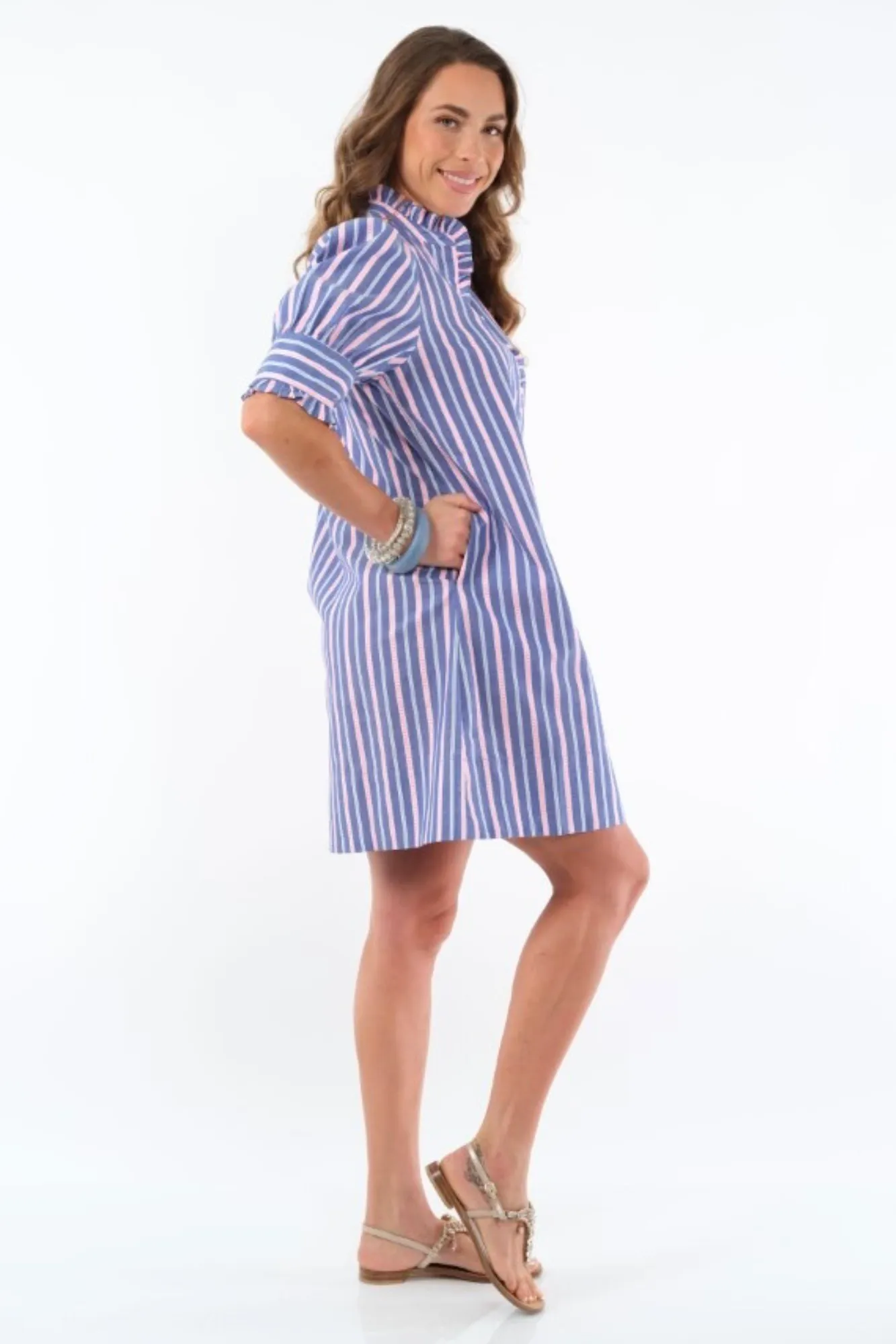 Women's Blue & Pink Ruffle Neck Dress Knee Length - "Dai"