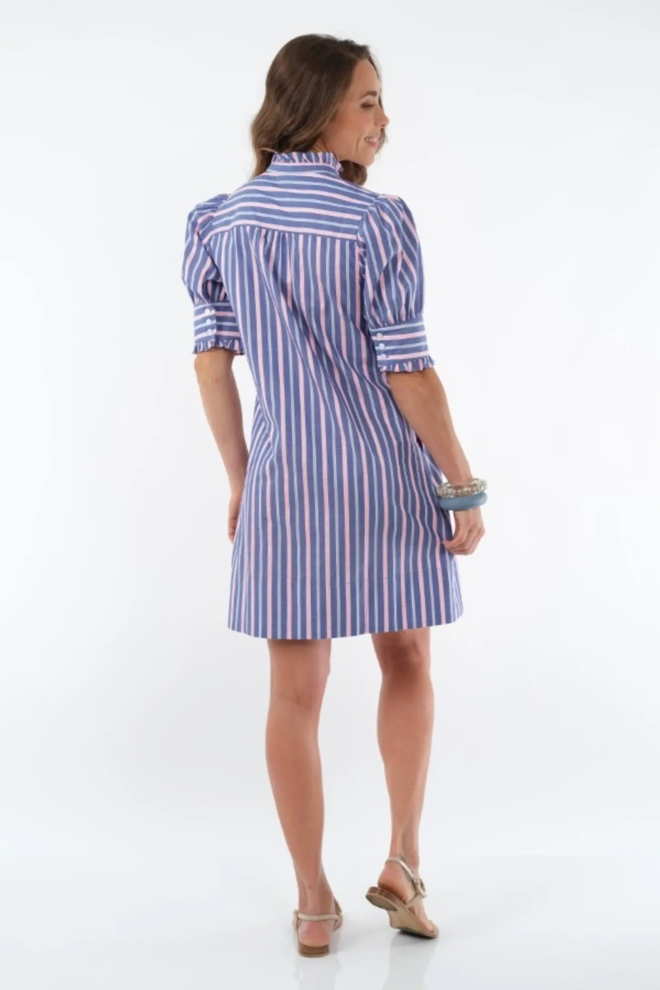 Women's Blue & Pink Ruffle Neck Dress Knee Length - "Dai"