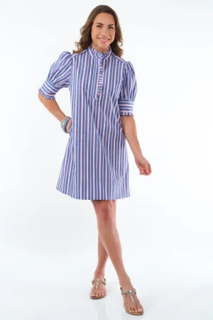 Women's Blue & Pink Ruffle Neck Dress Knee Length - "Dai"